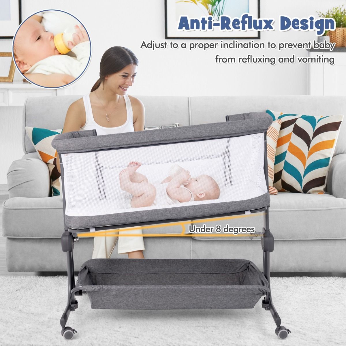 Coast 3-in-1 Baby Bed - Dark Grey - 87 x 63 x 85 cm - Couchette avec matelas - 6 fois ajustable - pliable avec panier de rangement