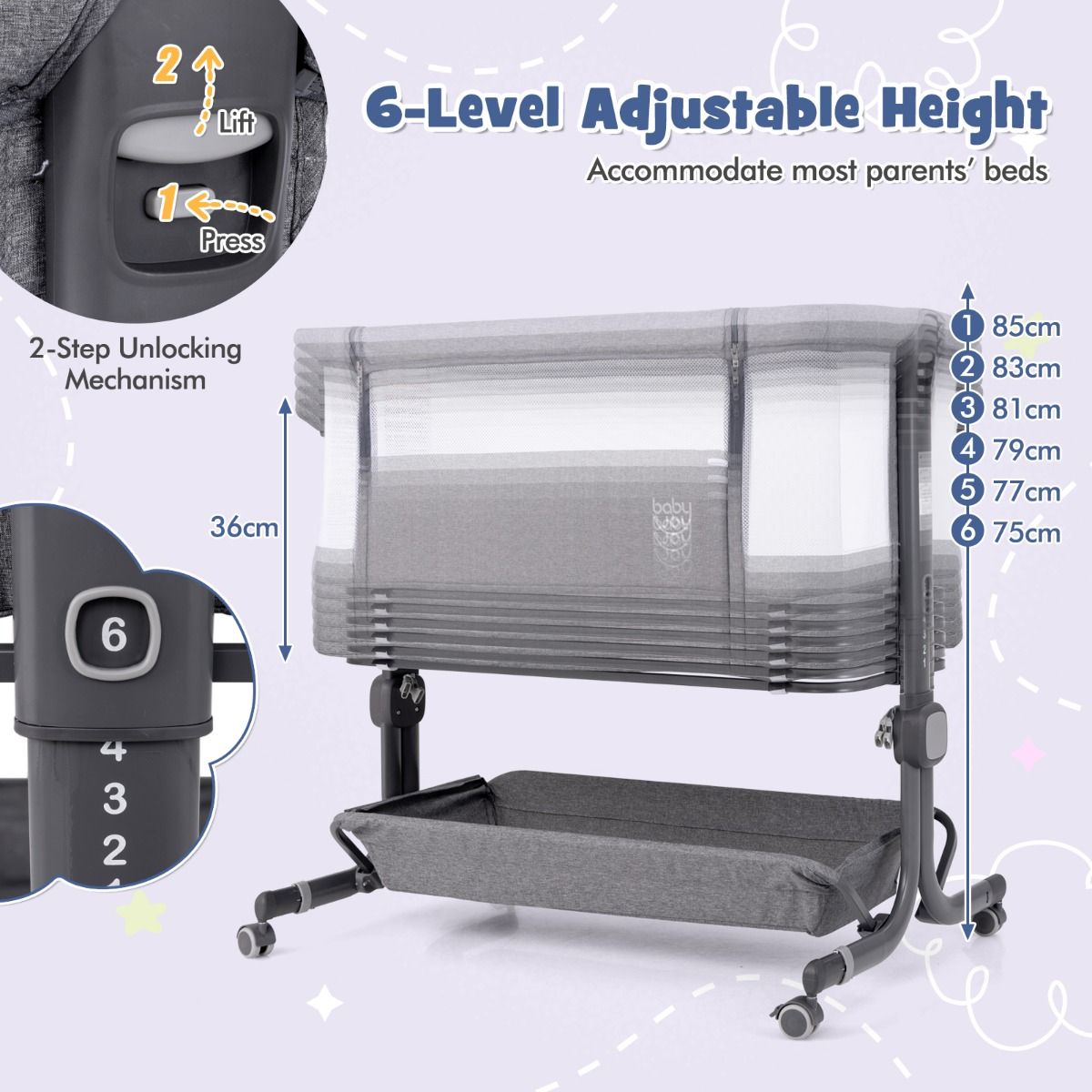 Coast 3-in-1 Baby Bed - Dark Grey - 87 x 63 x 85 cm - Couchette avec matelas - 6 fois ajustable - pliable avec panier de rangement