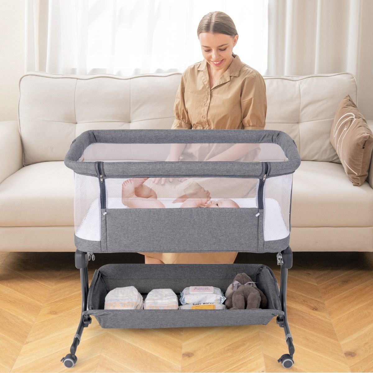 Coast 3-in-1 Baby Bed - Dark Grey - 87 x 63 x 85 cm - Couchette avec matelas - 6 fois ajustable - pliable avec panier de rangement