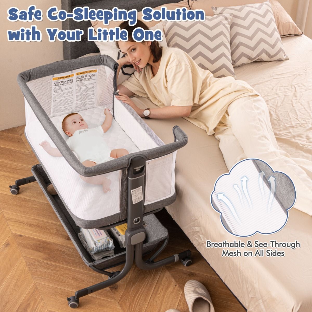 Coast 3-in-1 Baby Bed - Dark Grey - 87 x 63 x 85 cm - Couchette avec matelas - 6 fois ajustable - pliable avec panier de rangement