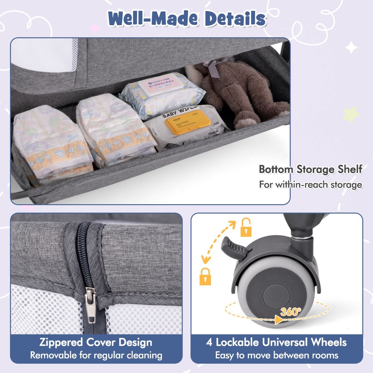 Coast 3-in-1 Baby Bed - Dark Grey - 87 x 63 x 85 cm - Couchette avec matelas - 6 fois ajustable - pliable avec panier de rangement