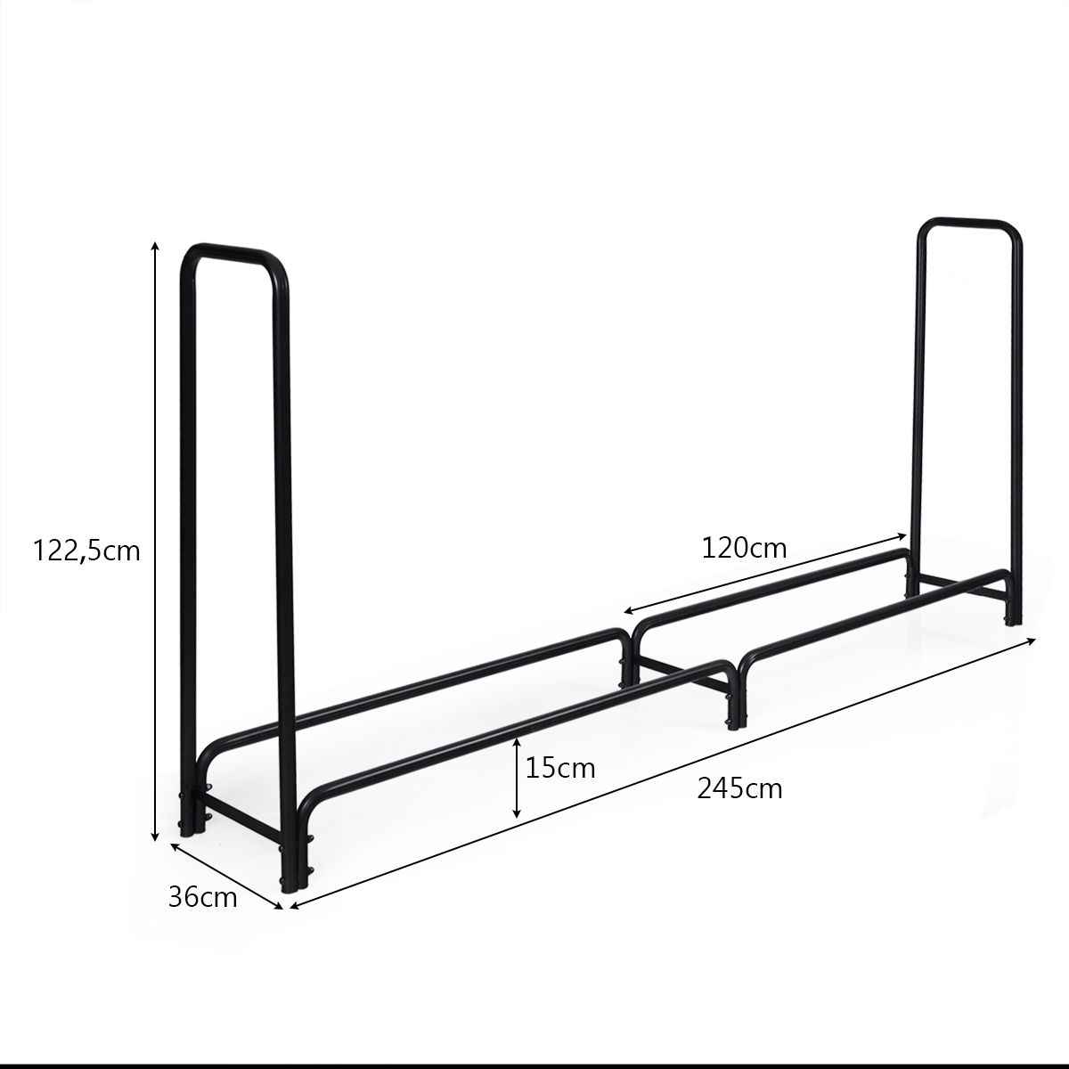 Porte-bois de chauffage Coast avec poignées et socle - Métal - Capacité de charge de 500 kg - 250 x 36 x 122,5 cm - Noir
